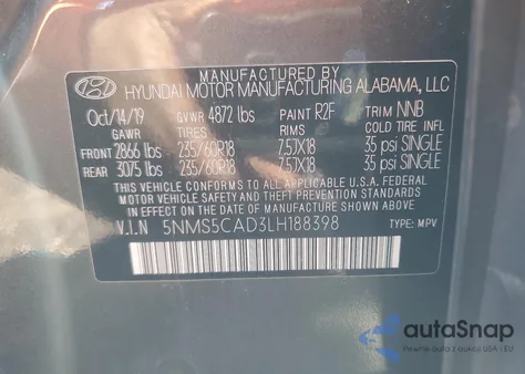 2020 Hyundai Santa Fe Limited из США, поврежденный, VIN 5NMS5CAD3LH188398